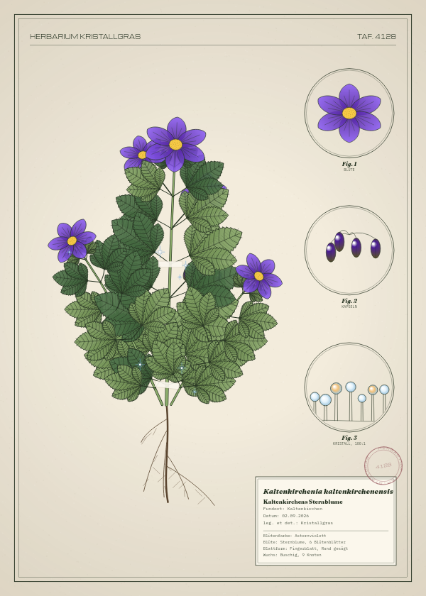 Botanische Tafel: Kaltenkirchenia kaltenkirchenensis, eine erfundene Pflanze aus Kaltenkirchen, gezeichnet wie in einem alten Pflanzenatlas