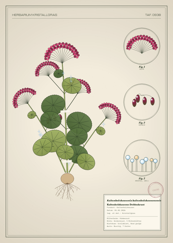 Botanische Tafel: Kaltenholzhausenia kaltenholzhausenensis, eine erfundene Pflanze aus Kaltenholzhausen, gezeichnet wie in einem alten Pflanzenatlas