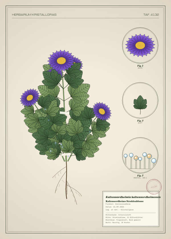 Botanische Tafel: Kaltennordheimia kaltennordheimensis, eine erfundene Pflanze aus Kaltennordheim, gezeichnet wie in einem alten Pflanzenatlas