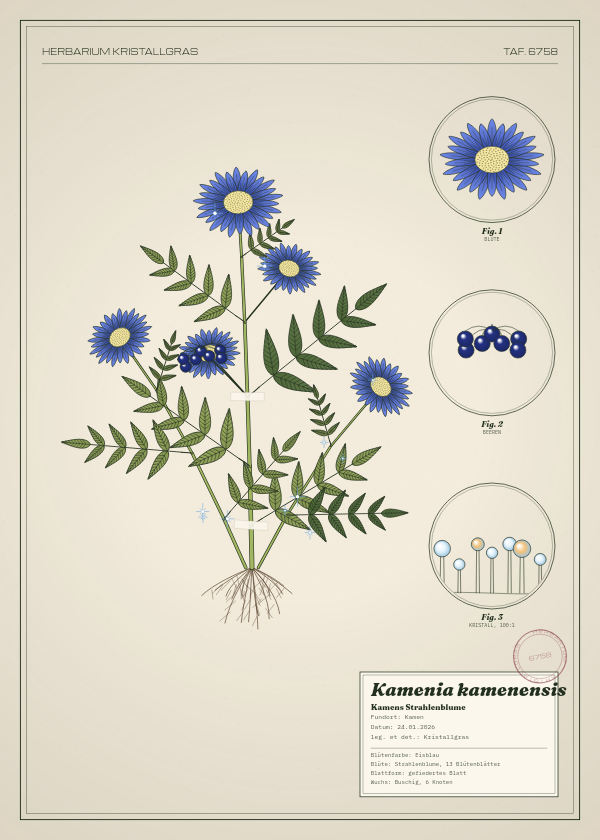 Botanische Tafel: Kamenia kamenensis, eine erfundene Pflanze aus Kamen, gezeichnet wie in einem alten Pflanzenatlas