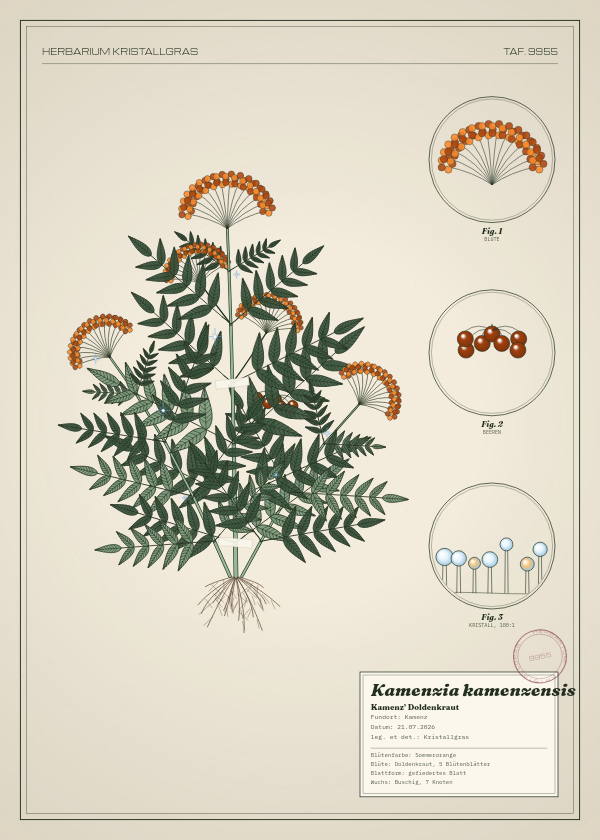 Botanische Tafel: Kamenzia kamenzensis, eine erfundene Pflanze aus Kamenz, gezeichnet wie in einem alten Pflanzenatlas