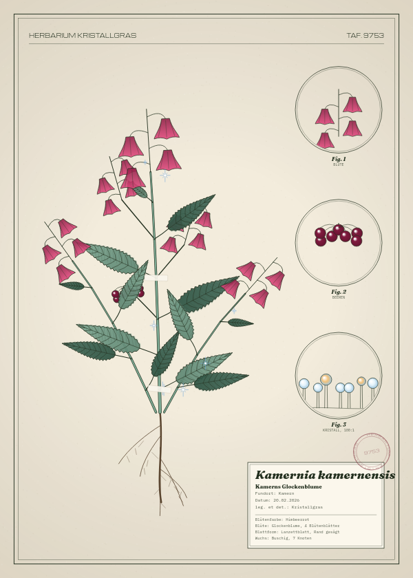 Botanische Tafel: Kamernia kamernensis, eine erfundene Pflanze aus Kamern, gezeichnet wie in einem alten Pflanzenatlas