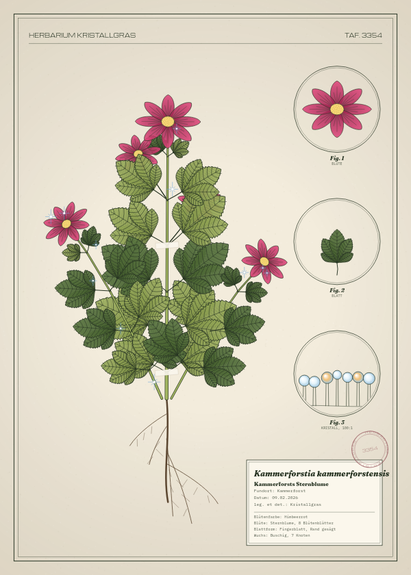 Botanische Tafel: Kammerforstia kammerforstensis, eine erfundene Pflanze aus Kammerforst, gezeichnet wie in einem alten Pflanzenatlas