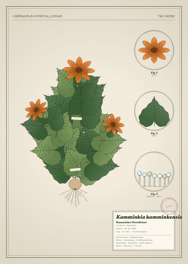 Botanische Tafel: Kamminkia kamminkensis, eine erfundene Pflanze aus Kamminke, gezeichnet wie in einem alten Pflanzenatlas