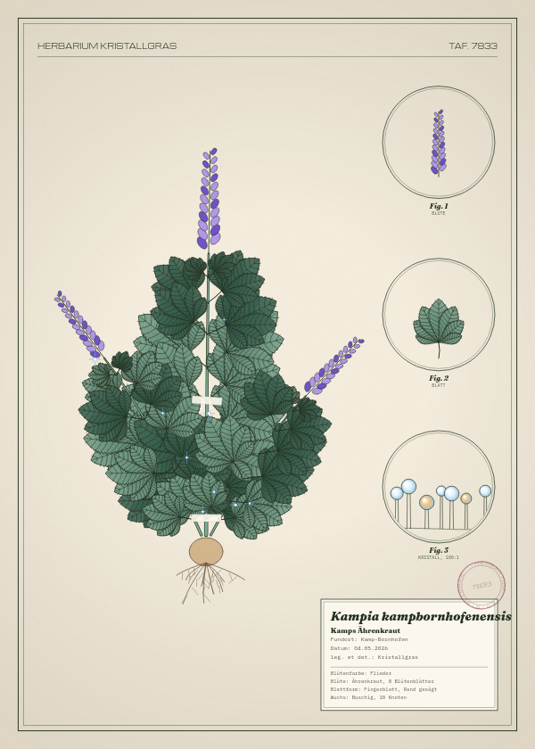 Botanische Tafel: Kampia kampbornhofenensis, eine erfundene Pflanze aus Kamp-Bornhofen, gezeichnet wie in einem alten Pflanzenatlas