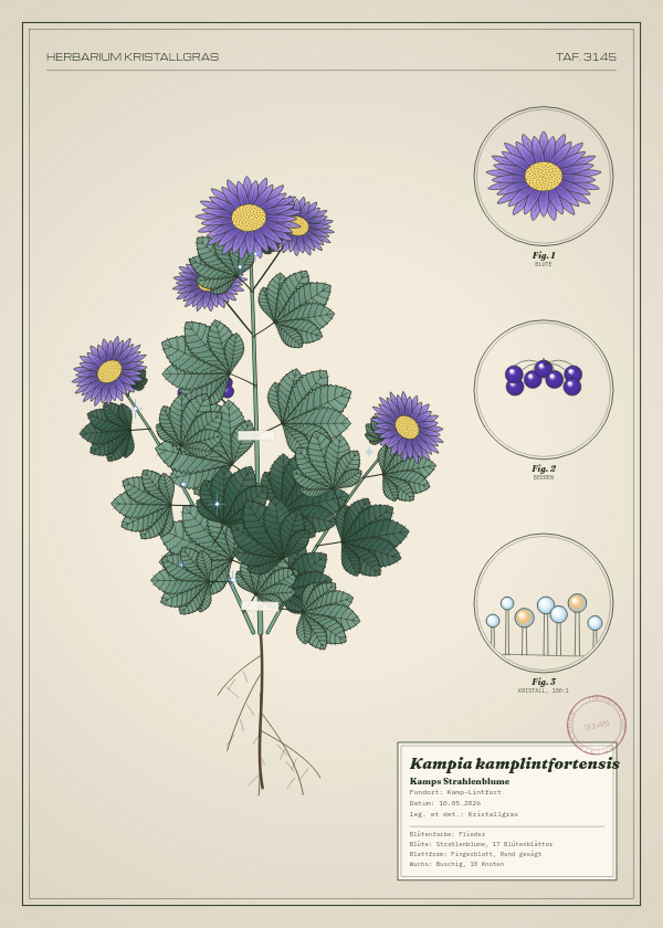 Botanische Tafel: Kampia kamplintfortensis, eine erfundene Pflanze aus Kamp-Lintfort, gezeichnet wie in einem alten Pflanzenatlas