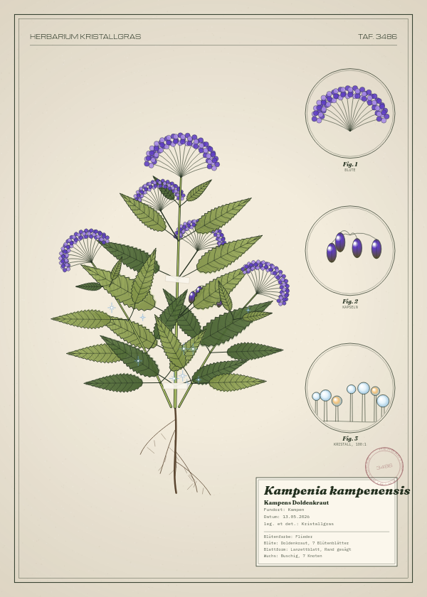 Botanische Tafel: Kampenia kampenensis, eine erfundene Pflanze aus Kampen, gezeichnet wie in einem alten Pflanzenatlas
