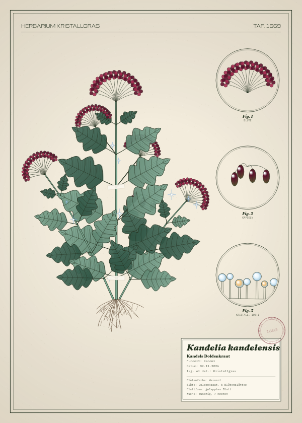 Botanische Tafel: Kandelia kandelensis, eine erfundene Pflanze aus Kandel, gezeichnet wie in einem alten Pflanzenatlas