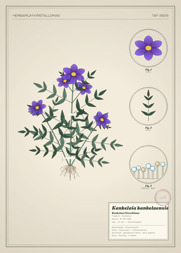 Botanische Tafel: Kankelaia kankelaensis, eine erfundene Pflanze aus Kankelau, gezeichnet wie in einem alten Pflanzenatlas