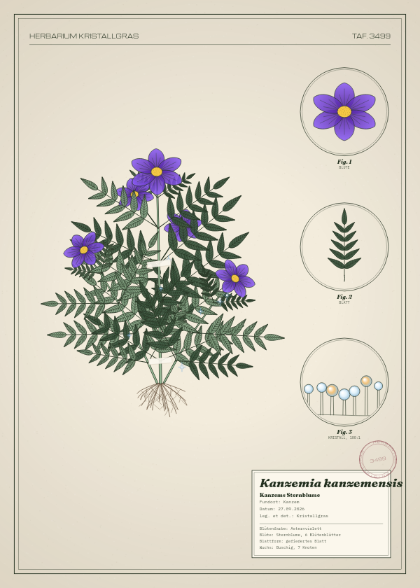 Botanische Tafel: Kanzemia kanzemensis, eine erfundene Pflanze aus Kanzem, gezeichnet wie in einem alten Pflanzenatlas