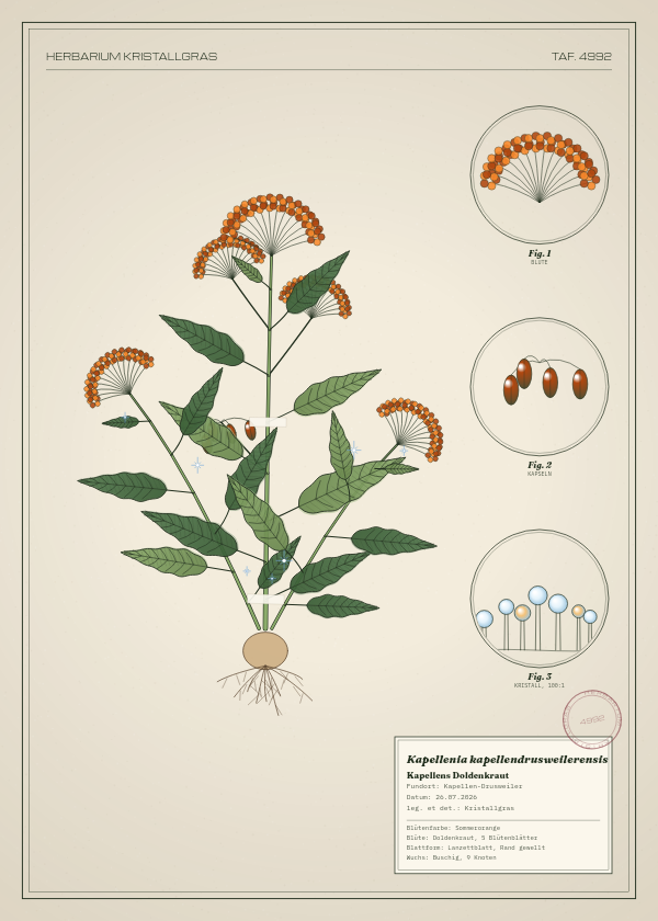Botanische Tafel: Kapellenia kapellendrusweilerensis, eine erfundene Pflanze aus Kapellen-Drusweiler, gezeichnet wie in einem alten Pflanzenatlas