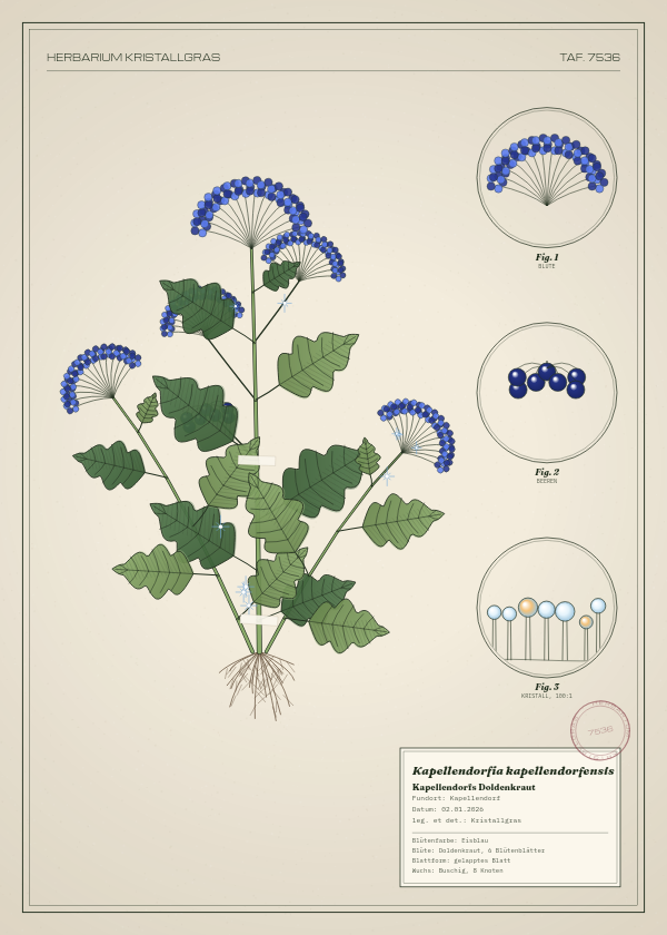 Botanische Tafel: Kapellendorfia kapellendorfensis, eine erfundene Pflanze aus Kapellendorf, gezeichnet wie in einem alten Pflanzenatlas