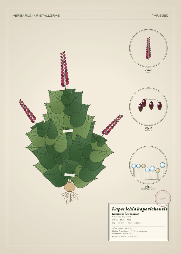 Botanische Tafel: Kaperichia kaperichensis, eine erfundene Pflanze aus Kaperich, gezeichnet wie in einem alten Pflanzenatlas