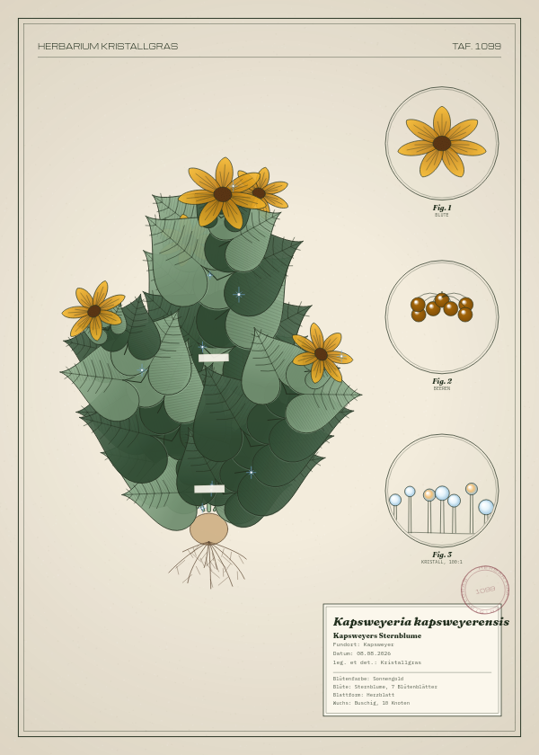 Botanische Tafel: Kapsweyeria kapsweyerensis, eine erfundene Pflanze aus Kapsweyer, gezeichnet wie in einem alten Pflanzenatlas