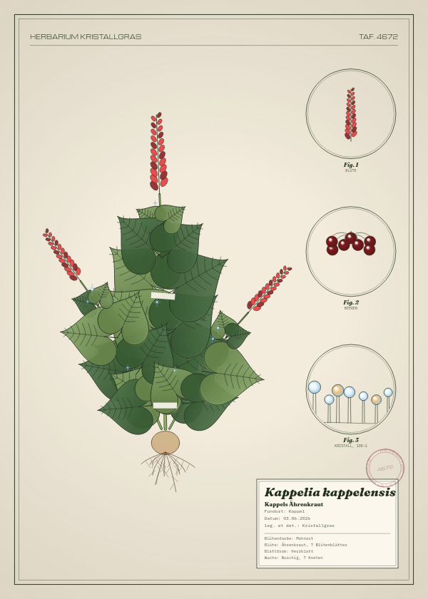 Botanische Tafel: Kappelia kappelensis, eine erfundene Pflanze aus Kappel, gezeichnet wie in einem alten Pflanzenatlas