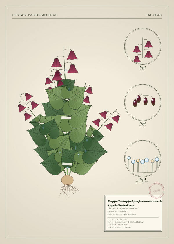 Botanische Tafel: Kappelia kappelgrafenhausenensis, eine erfundene Pflanze aus Kappel-Grafenhausen, gezeichnet wie in einem alten Pflanzenatlas
