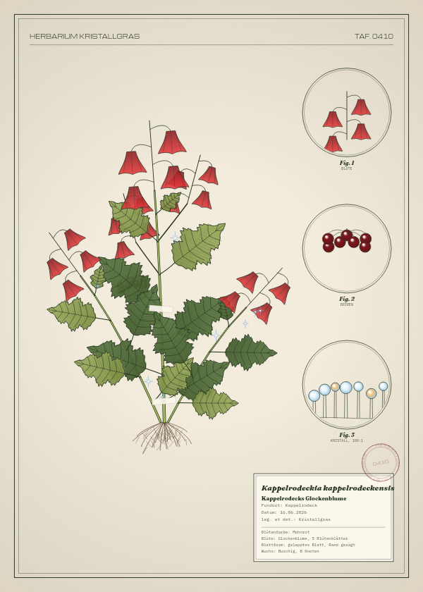 Botanische Tafel: Kappelrodeckia kappelrodeckensis, eine erfundene Pflanze aus Kappelrodeck, gezeichnet wie in einem alten Pflanzenatlas
