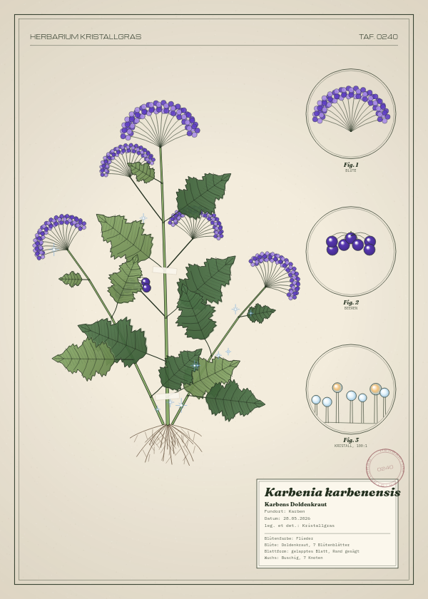 Botanische Tafel: Karbenia karbenensis, eine erfundene Pflanze aus Karben, gezeichnet wie in einem alten Pflanzenatlas