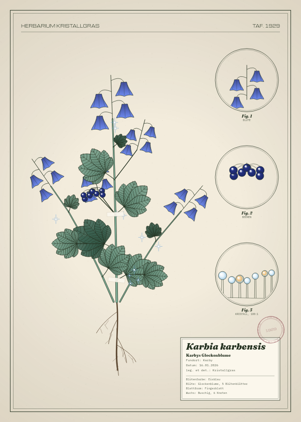 Botanische Tafel: Karbia karbensis, eine erfundene Pflanze aus Karby, gezeichnet wie in einem alten Pflanzenatlas