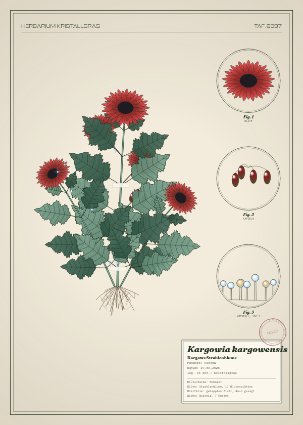 Botanische Tafel: Kargowia kargowensis, eine erfundene Pflanze aus Kargow, gezeichnet wie in einem alten Pflanzenatlas