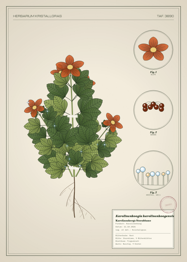 Botanische Tafel: Karolinenkoogia karolinenkoogensis, eine erfundene Pflanze aus Karolinenkoog, gezeichnet wie in einem alten Pflanzenatlas