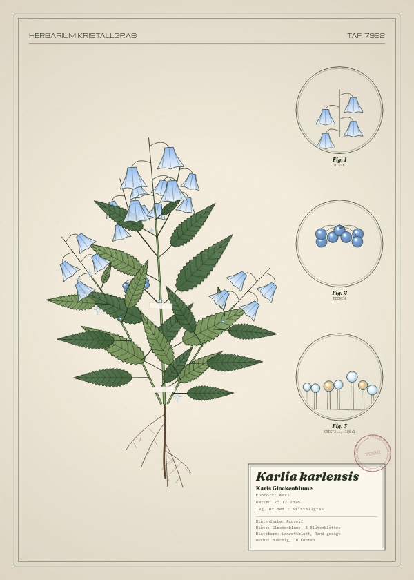 Botanische Tafel: Karlia karlensis, eine erfundene Pflanze aus Karl, gezeichnet wie in einem alten Pflanzenatlas