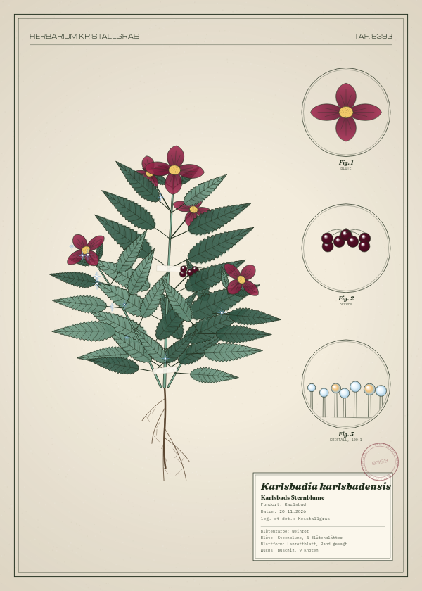 Botanische Tafel: Karlsbadia karlsbadensis, eine erfundene Pflanze aus Karlsbad, gezeichnet wie in einem alten Pflanzenatlas