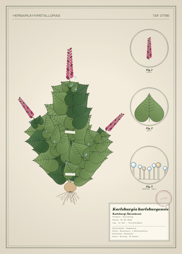 Botanische Tafel: Karlsburgia karlsburgensis, eine erfundene Pflanze aus Karlsburg, gezeichnet wie in einem alten Pflanzenatlas