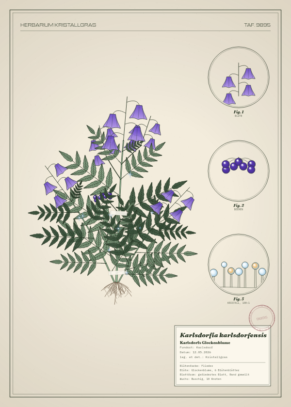 Botanische Tafel: Karlsdorfia karlsdorfensis, eine erfundene Pflanze aus Karlsdorf, gezeichnet wie in einem alten Pflanzenatlas