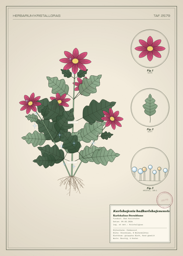Botanische Tafel: Karlshafenia badkarlshafenensis, eine erfundene Pflanze aus Bad Karlshafen, gezeichnet wie in einem alten Pflanzenatlas
