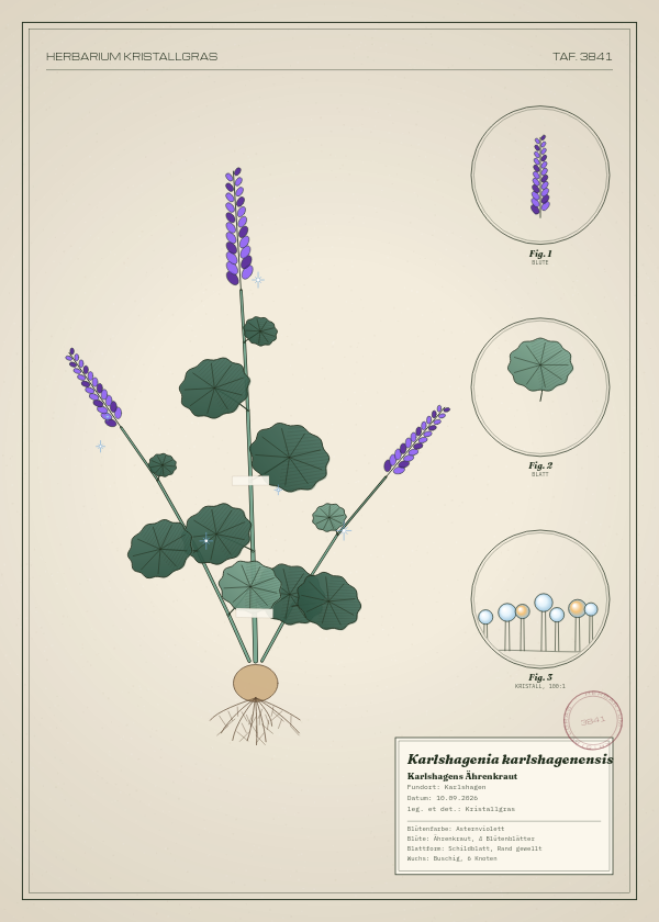 Botanische Tafel: Karlshagenia karlshagenensis, eine erfundene Pflanze aus Karlshagen, gezeichnet wie in einem alten Pflanzenatlas