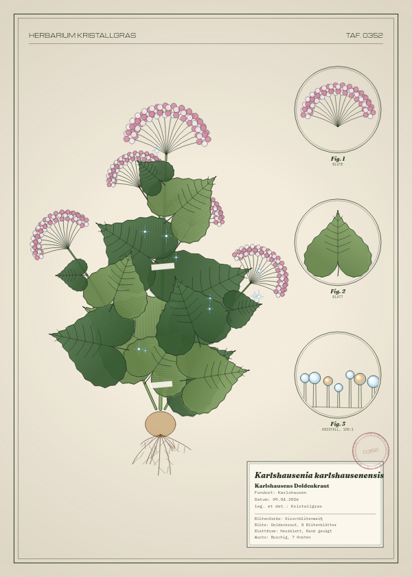 Botanische Tafel: Karlshausenia karlshausenensis, eine erfundene Pflanze aus Karlshausen, gezeichnet wie in einem alten Pflanzenatlas