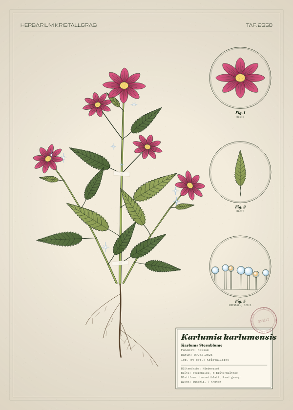 Botanische Tafel: Karlumia karlumensis, eine erfundene Pflanze aus Karlum, gezeichnet wie in einem alten Pflanzenatlas