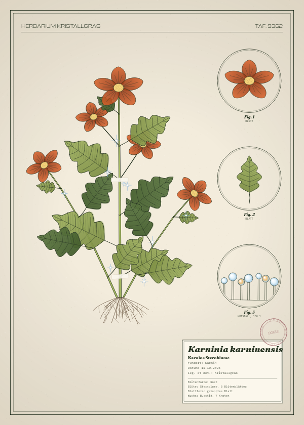 Botanische Tafel: Karninia karninensis, eine erfundene Pflanze aus Karnin, gezeichnet wie in einem alten Pflanzenatlas