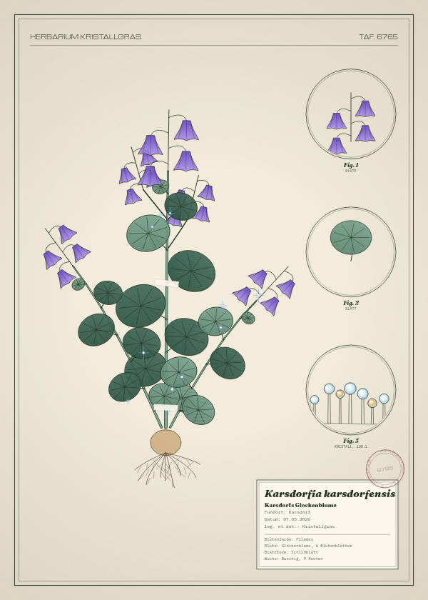 Botanische Tafel: Karsdorfia karsdorfensis, eine erfundene Pflanze aus Karsdorf, gezeichnet wie in einem alten Pflanzenatlas