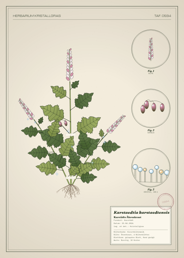 Botanische Tafel: Karstaedtia karstaedtensis, eine erfundene Pflanze aus Karstädt, gezeichnet wie in einem alten Pflanzenatlas