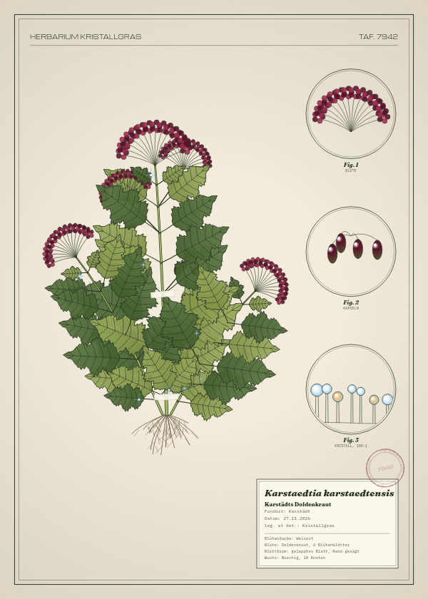 Botanische Tafel: Karstaedtia karstaedtensis, eine erfundene Pflanze aus Karstädt, gezeichnet wie in einem alten Pflanzenatlas