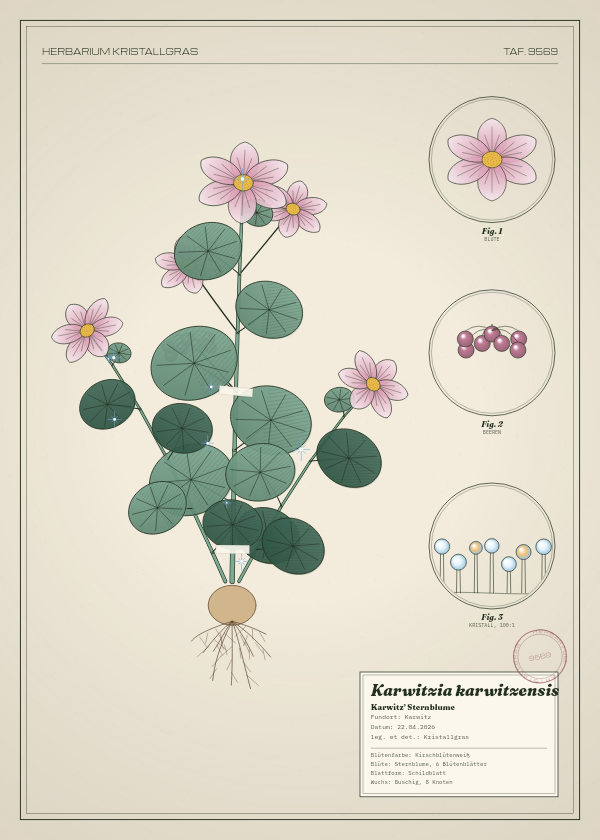 Botanische Tafel: Karwitzia karwitzensis, eine erfundene Pflanze aus Karwitz, gezeichnet wie in einem alten Pflanzenatlas
