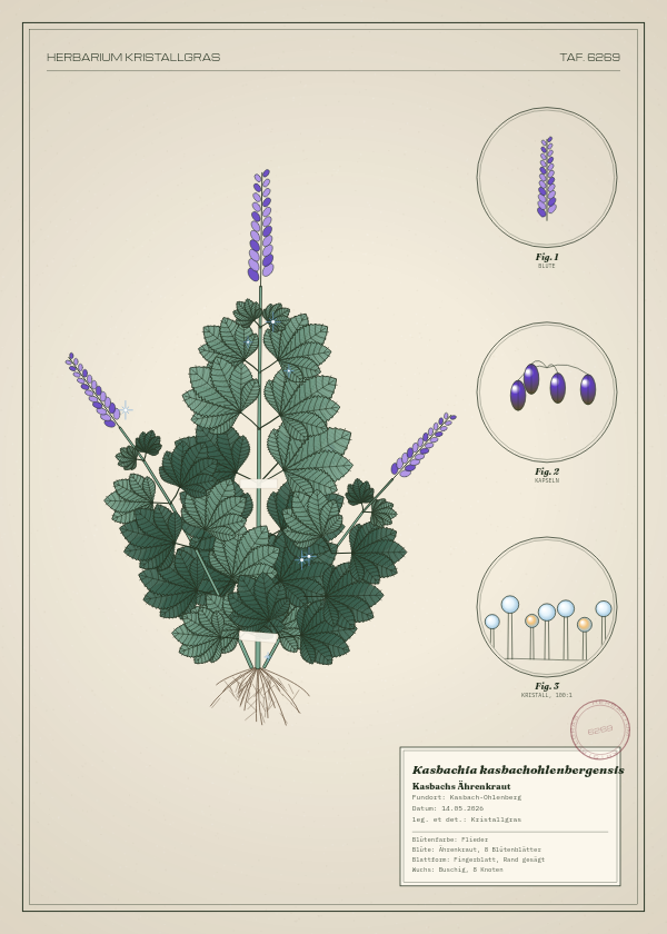 Botanische Tafel: Kasbachia kasbachohlenbergensis, eine erfundene Pflanze aus Kasbach-Ohlenberg, gezeichnet wie in einem alten Pflanzenatlas