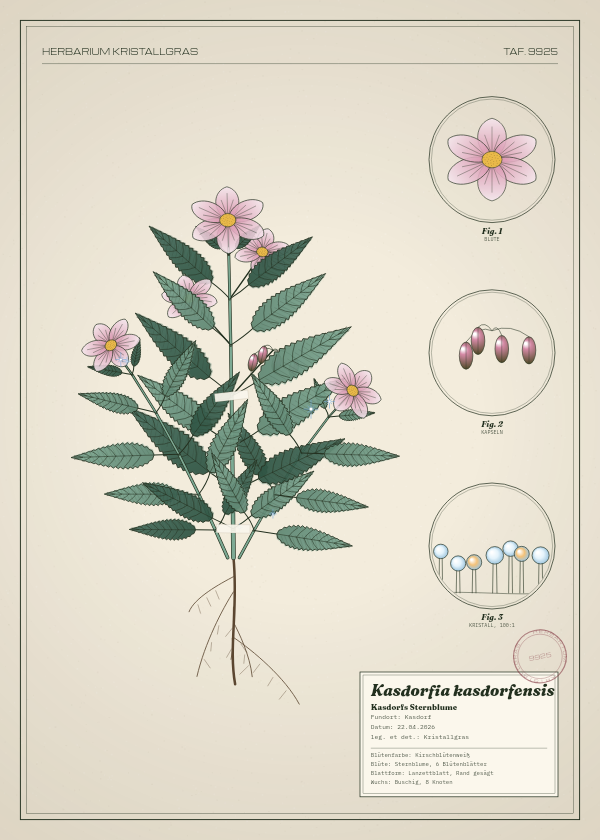 Botanische Tafel: Kasdorfia kasdorfensis, eine erfundene Pflanze aus Kasdorf, gezeichnet wie in einem alten Pflanzenatlas