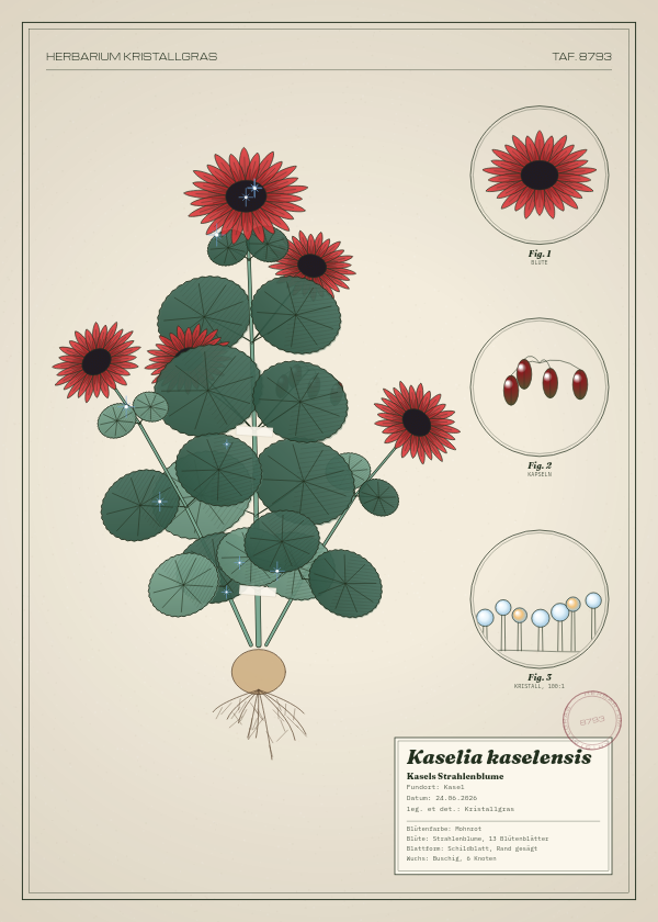 Botanische Tafel: Kaselia kaselensis, eine erfundene Pflanze aus Kasel, gezeichnet wie in einem alten Pflanzenatlas