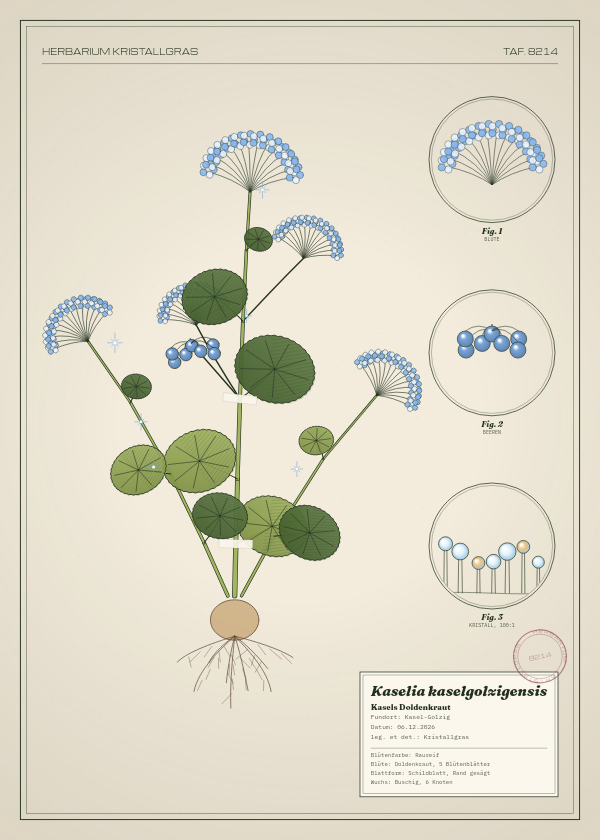 Botanische Tafel: Kaselia kaselgolzigensis, eine erfundene Pflanze aus Kasel-Golzig, gezeichnet wie in einem alten Pflanzenatlas