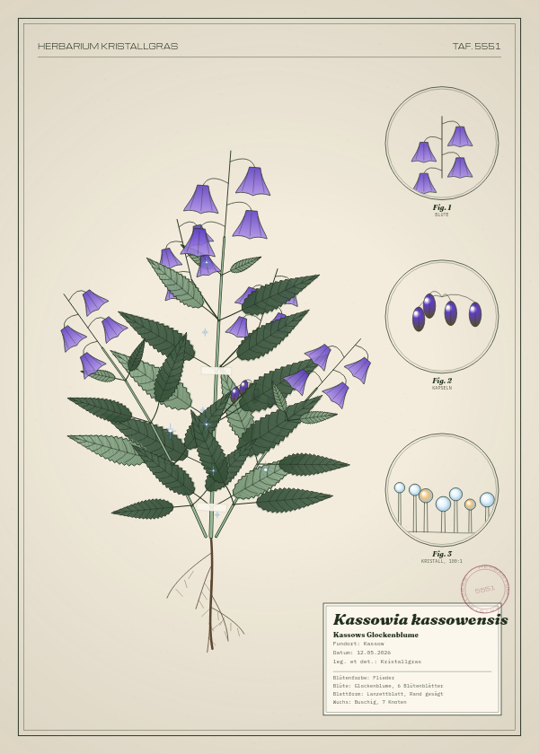 Botanische Tafel: Kassowia kassowensis, eine erfundene Pflanze aus Kassow, gezeichnet wie in einem alten Pflanzenatlas