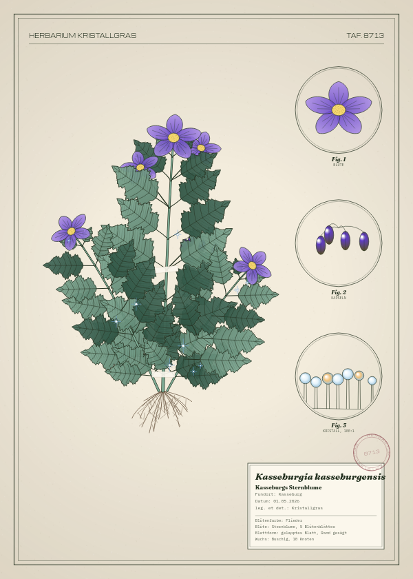 Botanische Tafel: Kasseburgia kasseburgensis, eine erfundene Pflanze aus Kasseburg, gezeichnet wie in einem alten Pflanzenatlas