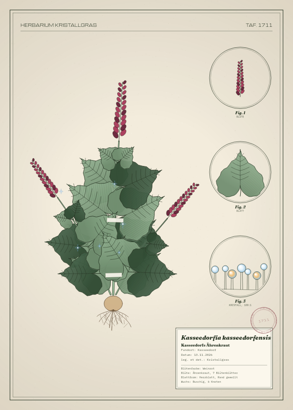 Botanische Tafel: Kasseedorfia kasseedorfensis, eine erfundene Pflanze aus Kasseedorf, gezeichnet wie in einem alten Pflanzenatlas