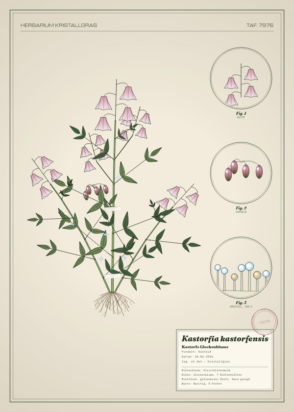 Botanische Tafel: Kastorfia kastorfensis, eine erfundene Pflanze aus Kastorf, gezeichnet wie in einem alten Pflanzenatlas