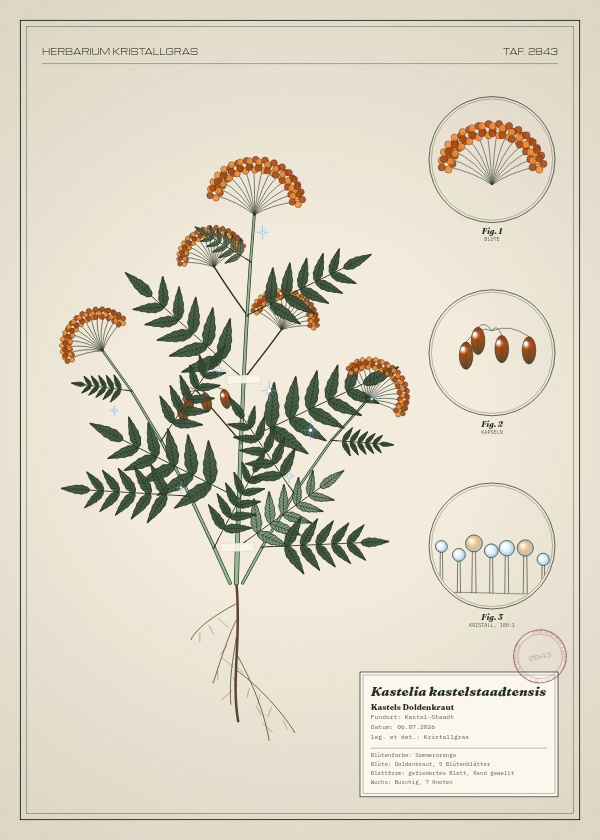Botanische Tafel: Kastelia kastelstaadtensis, eine erfundene Pflanze aus Kastel-Staadt, gezeichnet wie in einem alten Pflanzenatlas