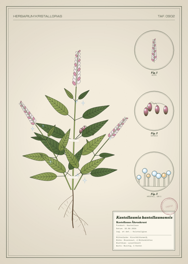 Botanische Tafel: Kastellaunia kastellaunensis, eine erfundene Pflanze aus Kastellaun, gezeichnet wie in einem alten Pflanzenatlas