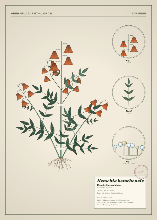 Botanische Tafel: Ketschia ketschensis, eine erfundene Pflanze aus Ketsch, gezeichnet wie in einem alten Pflanzenatlas