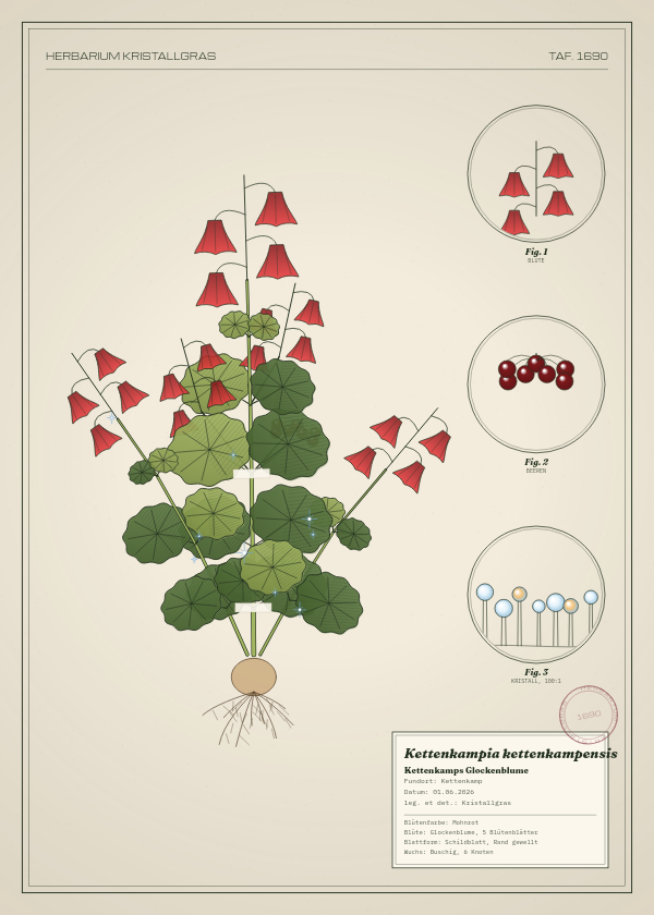 Botanische Tafel: Kettenkampia kettenkampensis, eine erfundene Pflanze aus Kettenkamp, gezeichnet wie in einem alten Pflanzenatlas